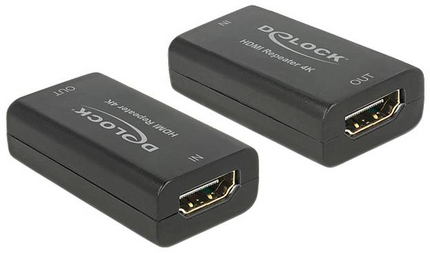 Két fekete HDMI-ismétlő 'BE' és 'KI' felirattal, amelyek 4K jeleket erősítenek.