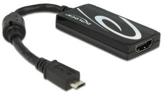 Egy fekete adapter HDMI-kimenettel és micro-USB-csatlakozóval, amely alkalmas külső eszközök kijelzőkhöz történő csatlakoztatására.