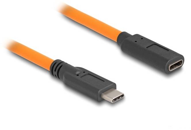 Egy narancssárga USB-C kábel férfi és női csatlakozóval.