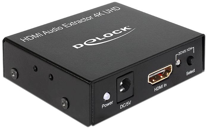 HDMI Audio Kivonó 4K UHD a Declock-tól 2CH/5.1CH kapcsolóval, HDMI-bemenettel, tápcsatlakozóval és bekapcsolás jelző LED-del az elülső oldalon.