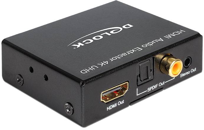 'DeLock HDMI Audio Extractor 4K UHD' fekete házán, HDMI, SPDIF és Stereo Out csatlakozók láthatók.