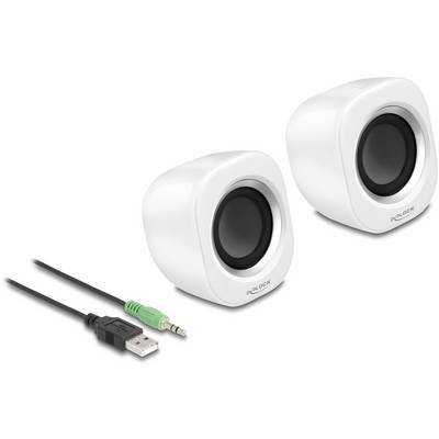 Két fehér hangszóró USB- és audiokábellel. Ideális számítógépekhez vagy hordozható eszközökhöz 3,5 mm-es audiobemenettel.
