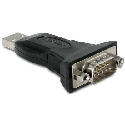 USB-soros adapter fekete házban, fém csatlakozóval; lehetővé teszi USB-eszközök csatlakoztatását soros interfészekhez.