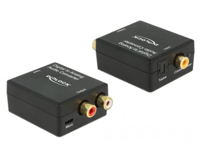 A Delock digitál-analóg audió konverter Toslink és koaxiális bemenetekkel, valamint két RCA kimenettel az audiojel átalakításához.