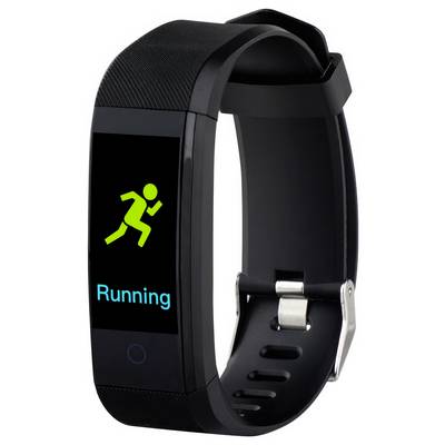 Fekete-szürke fitness okosóra, amelynek kijelzőjén egy futó figuraszimbólum és a 'Running' szó látható.