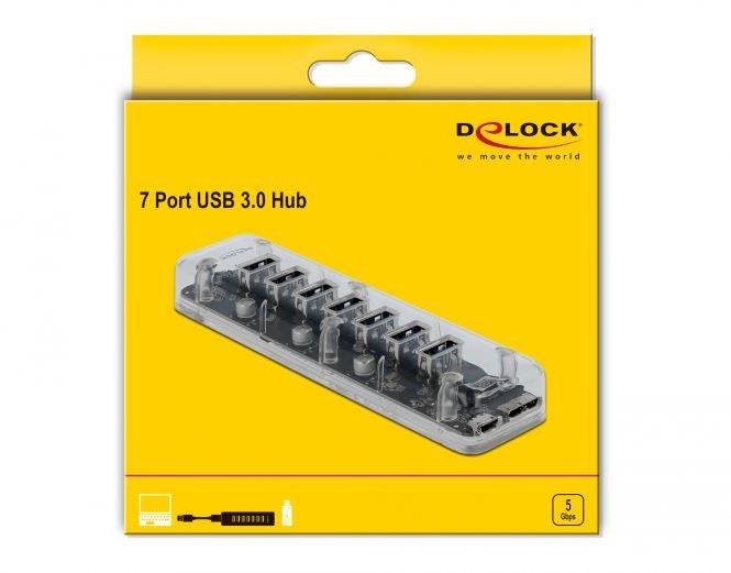 Delock 64088 USB hub 7 port USB-A USB 3.2 Gen1 5 GBit/s Átlátszó 64088-3