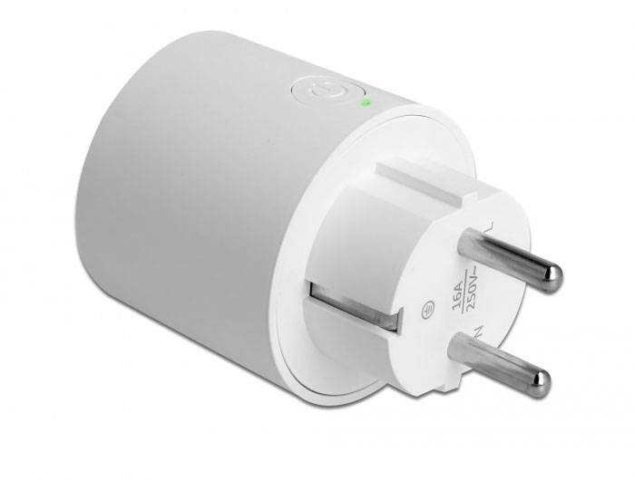 Egy fehér, hengeres dugaszolóaljzat-adapter két fémcsatlakozóval és LED-jelzőfénnyel, 16A, 250V~ teljesítményre alkalmas.