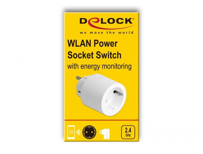 A DELOCK WLAN-s intelligens konnektor energiamonitorozással, 2,4 GHz-es verzió csomagolása. A termékfotón egy fehér okos dugalj látható.