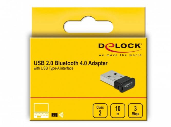 Delock USB 2.0 Bluetooth 4.0 adapterének sárga csomagolása, 'USB Type-A interfészű' eszköz. Hatótávolság: 10 m, sebesség: 3 Mbps.