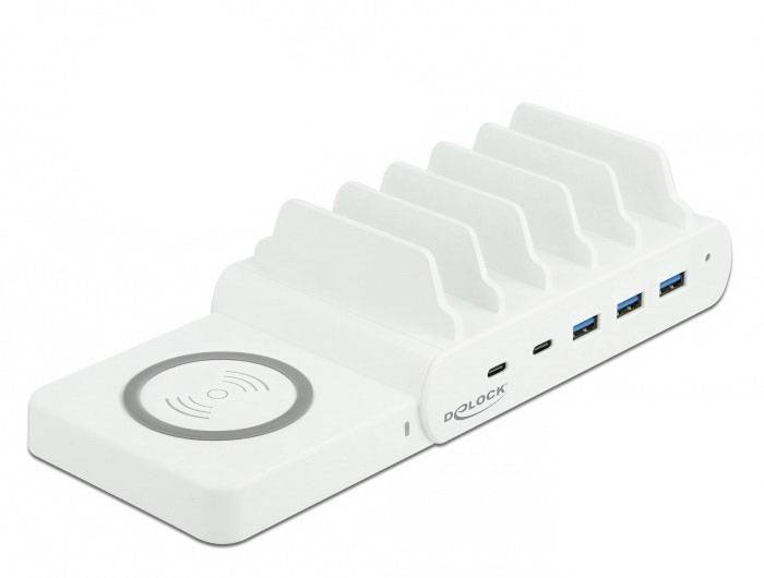 Delock 41450 USB-s töltőkészülék USB-C®, USB-A Power Delivery, Qi Wireless Charging Fehér Aljzat dugó, Beltér Túláramvéd-1