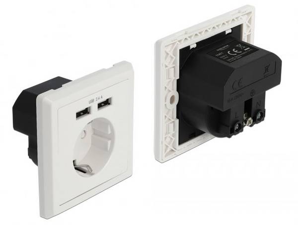 Delock 11471  Beépíthető dugalj  USB töltőkimenettel  Fehér