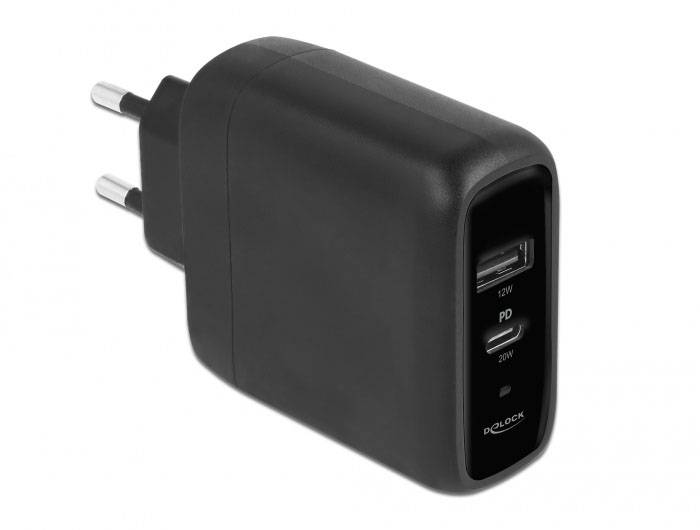 Delock 41455 USB-s töltőkészülék 32 W USB-C®, USB-A Power Delivery Fekete Aljzat dugó USB Power Delivery (USB-PD), Túláramvédelem