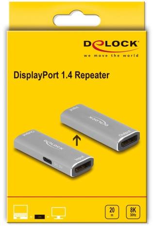 Delock DisplayPort 1.4 Ismétlő: Erősíti a DisplayPort-jelet akár 20 méter távolságig. Támogatja a 8K felbontást 32 Hz-en.