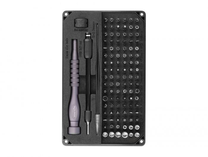 Egy precíziós csavarhúzó készlet különböző csavarhúzó betétekkel és markolatokkal, tökéletes finom technikai munkákhoz és elektronikai javításokhoz.