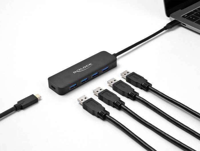 Delock 64170 USB hub 4 port USB-A USB 3.2 Gen1 5 GBit/s USB-C dugóval Fekete 64170-3