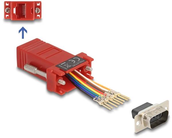 Piros adapter RJ45-es aljzattal és 9 pólusú D-Sub csatlakozóval. Többszínű kábelek a csatlakoztatáshoz. A nyíl az aljzatra mutat.