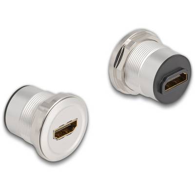 Két HDMI-csatlakozó kerek fémházban, az egyik fekete kupakkal, a másik ezüst kupakkal, fehér háttér előtt.