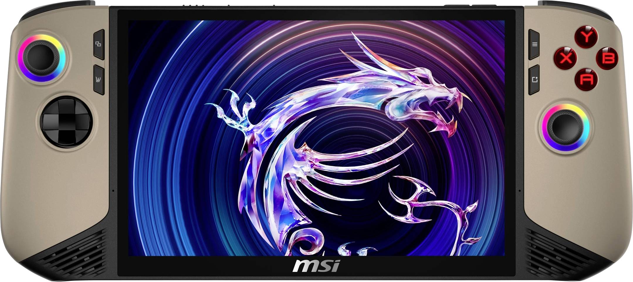 Egy MSI gaming tablet oldalsó vezérlőgombokkal és egy kijelzővel, amelyen egy stilizált sárkánymotívum látható.