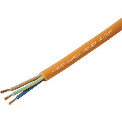 Egy narancssárga elektromos kábel három feltárt rézvezetékkel, amelyet a „H07RN-F 450/750V 3G2.5mm²" felirat jelöl, amelyet áramellátási csatlakozásokhoz használnak.