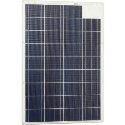 Sötétkék, téglalap alakú napelemcellákkal rendelkező napelem modul fehér keretben, amely a fotovoltaikus rendszerek jellegzetes megjelenését mutatja.