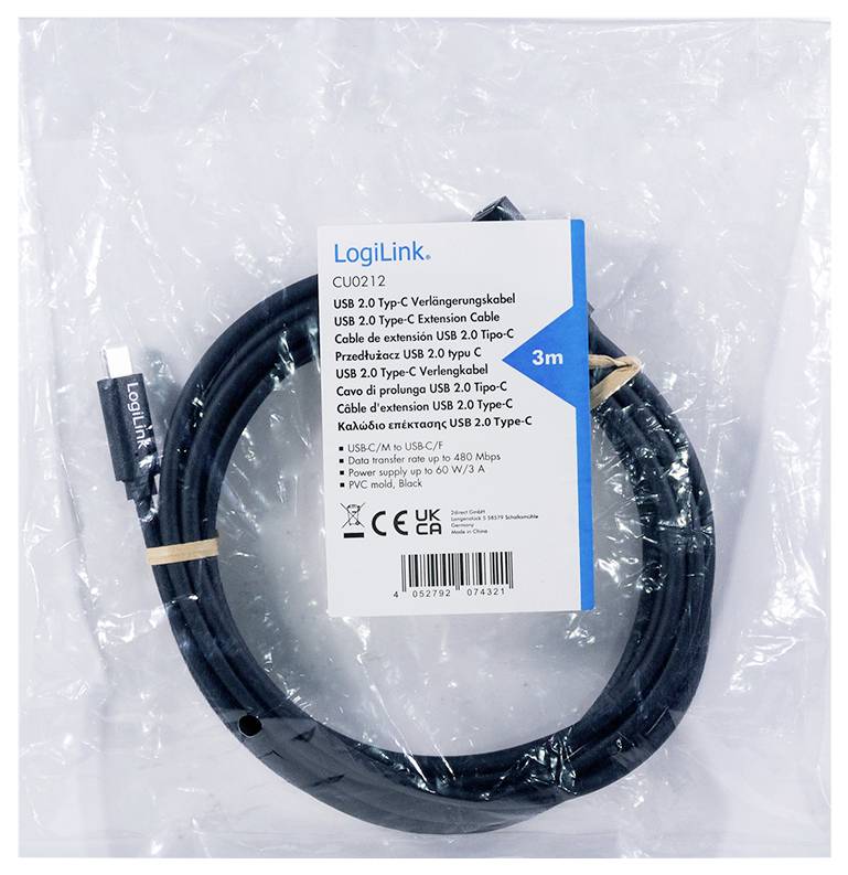 Egy 3 méter hosszú LogiLink USB 2.0 Type-C hosszabbító kábel, átlátszó csomagolásban, termékleírási címkével ellátva.