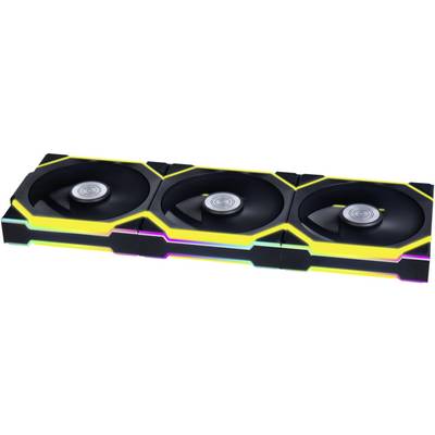 Háromszoros ventilátoros grafikus kártya sárga kiemelésekkel és RGB-világítással fekete házban.
