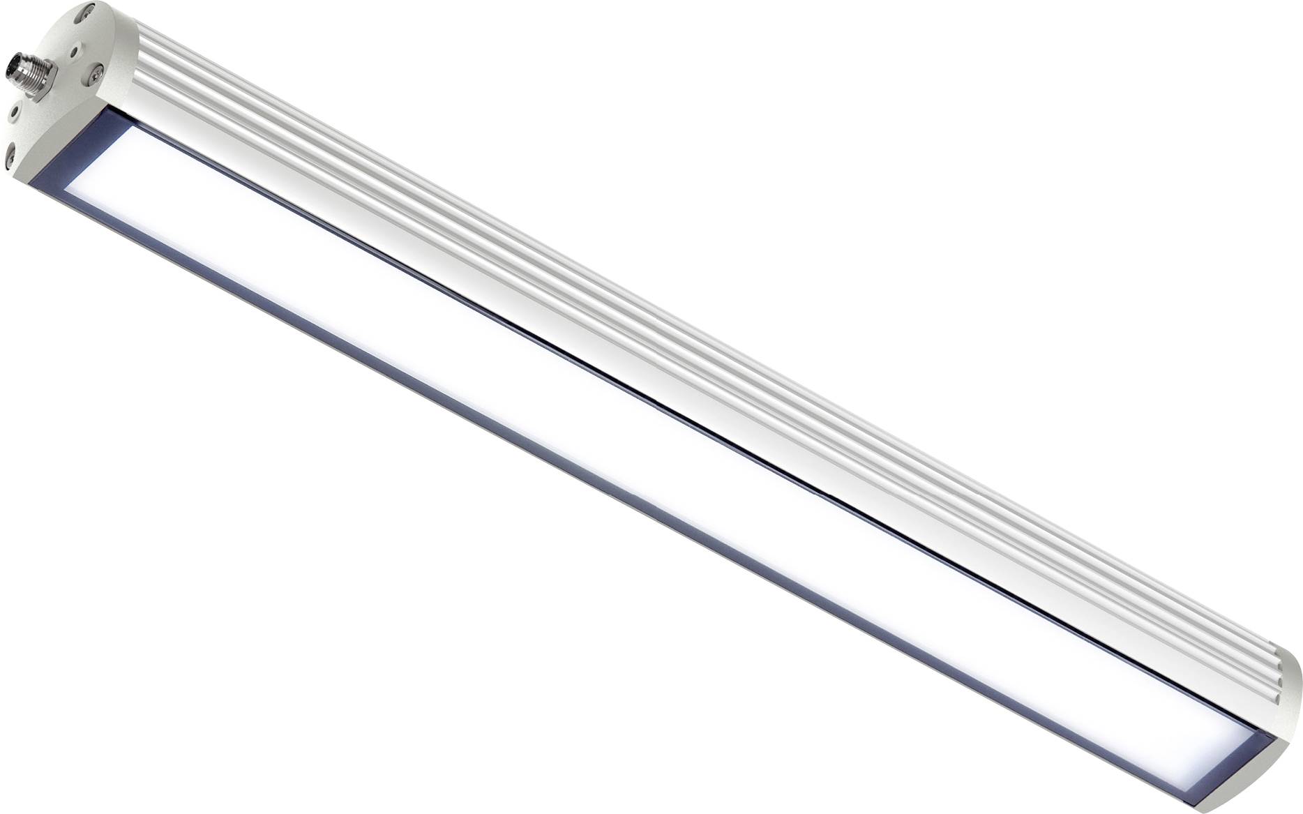 Egy hosszúkás, téglalap alakú LED-lámpa karcsú fehér házban, mennyezetre szerelhető, amely élénken világít.