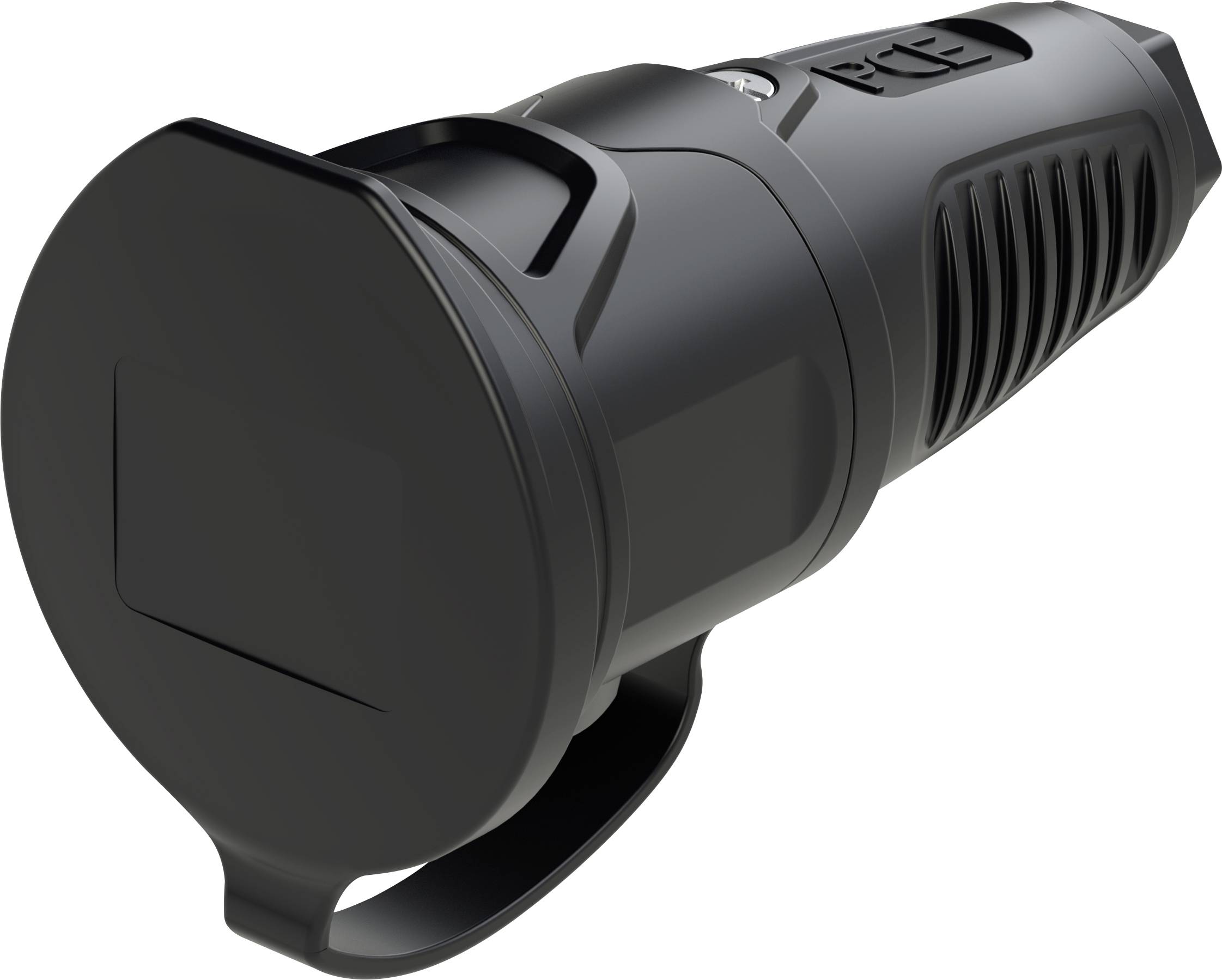 Fekete zseblámpa csúszásmentes markolattal és elülső kapcsolóval. Ferdén fekszik fehér háttéren.