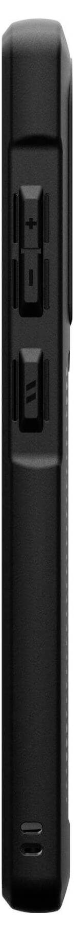 Fekete USB-pendrive karcsú, nyújtott dizájnnal, egy védőfedéllel és két gombbal.