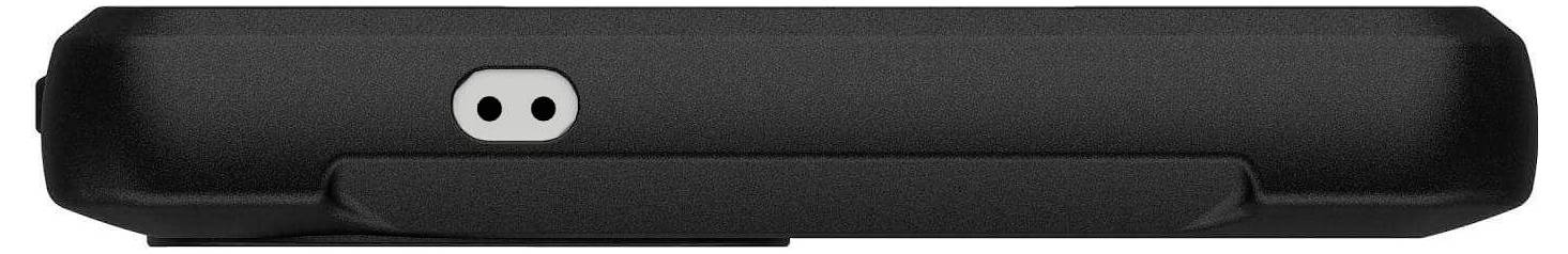 Fekete eszköz szürke csatlakozóval az egyik oldalán, amely valószínűleg töltési vagy audió célokat szolgál.