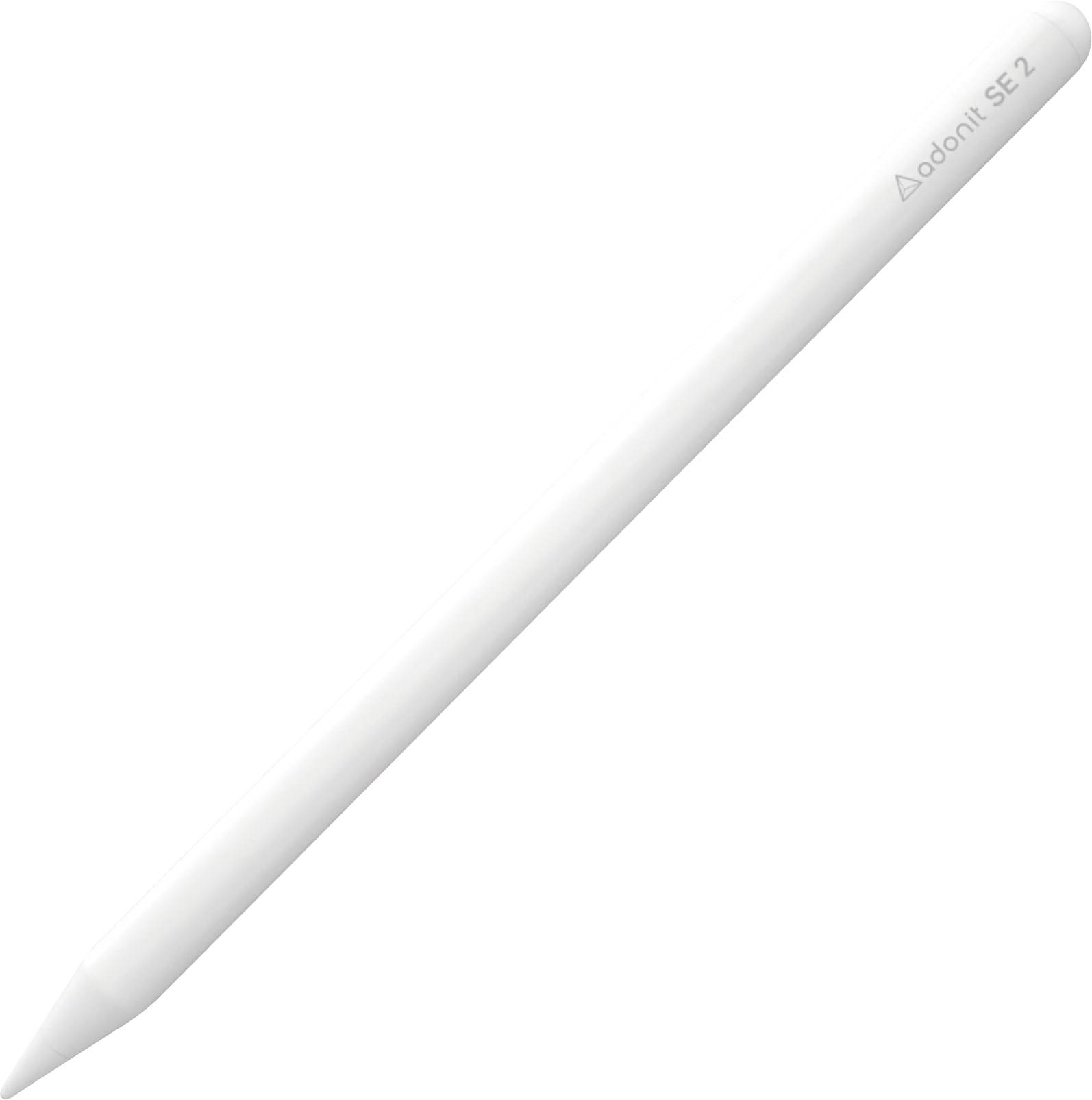 Egy fehér digitális toll "adonit SE 2" felirattal, alkalmas rajzolásra vagy írásra érintőképernyőkön.