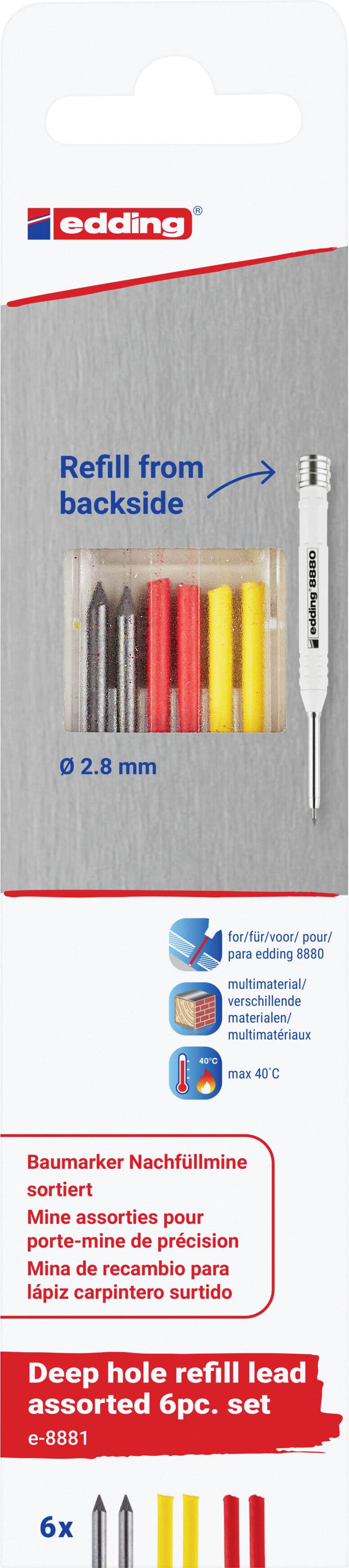 Edding utántöltés hátoldali jelölőtollhoz, 2,8 mm-es csúccsal és 6 darab piros utántöltő ceruzabetét, német és angol felirattal.