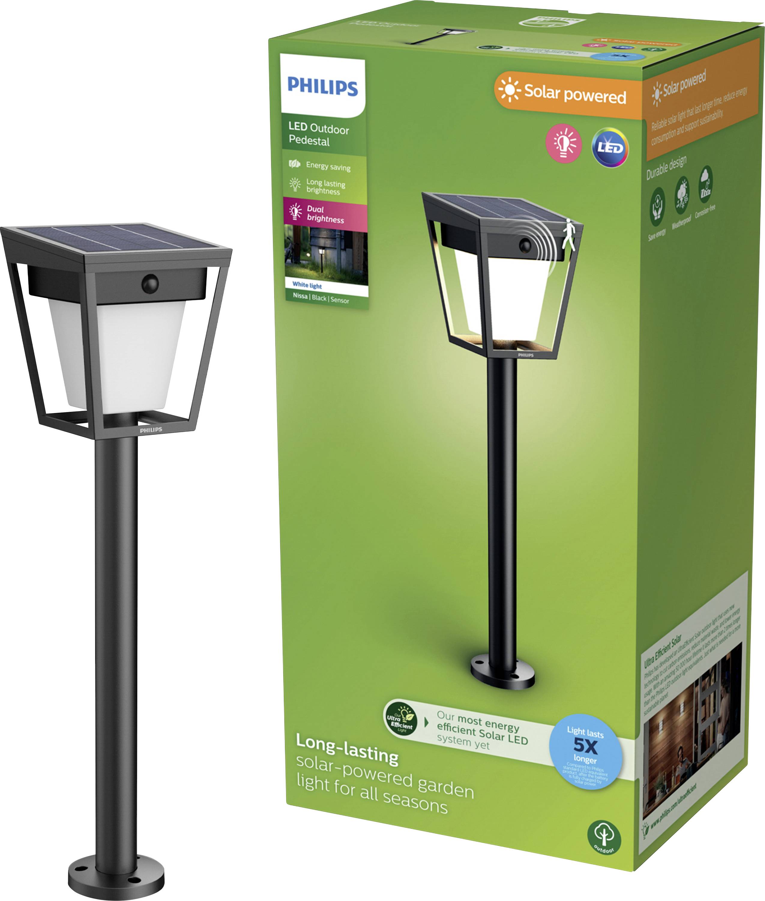 Philips napelemes kerti lámpa fekete állvánnyal, LED-világítással és napelemmel, amelyet a csomagolás mellett mutatnak be.