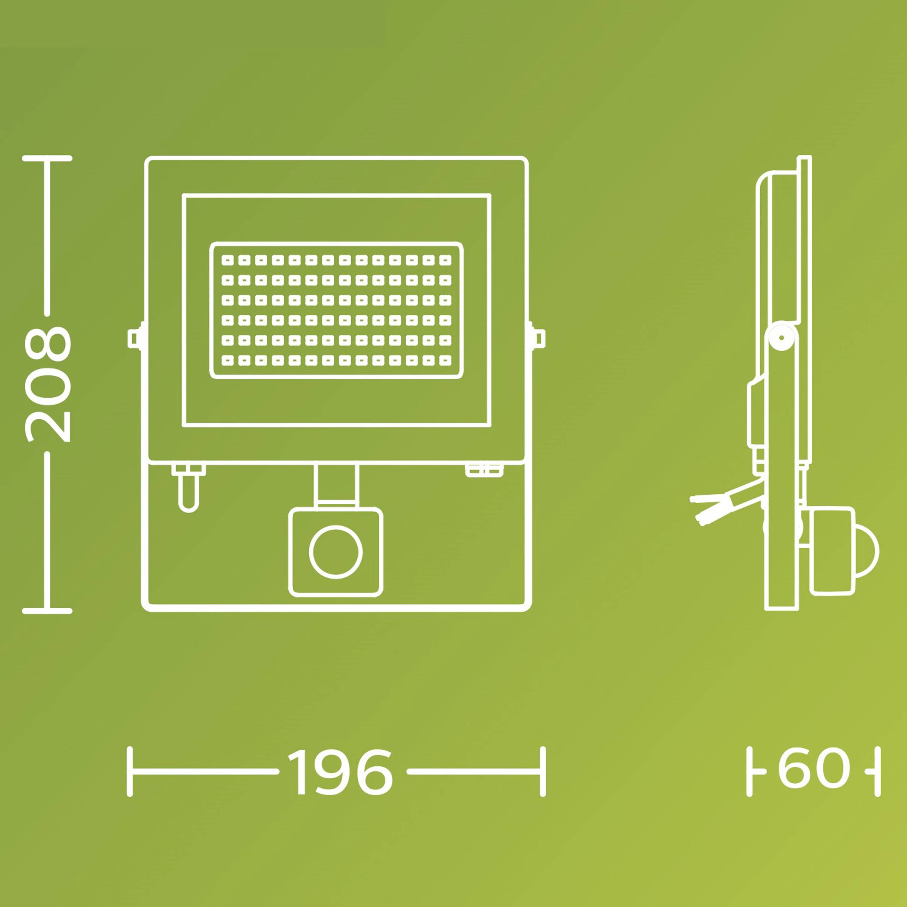 Műszaki rajz egy téglalap alakú LED-reflektorról mozgásérzékelővel. Mérete: magasság 208 mm, szélesség 196 mm, mélység 60 mm.