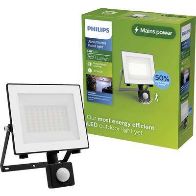 Philips UltraEfficient LED kültéri reflektor mozgásérzékelővel, amely mellett zöld termékdoboz látható, amelyen a „Hálózati áram" és az „50% több energiamegtakarítás" felirat szerepel.