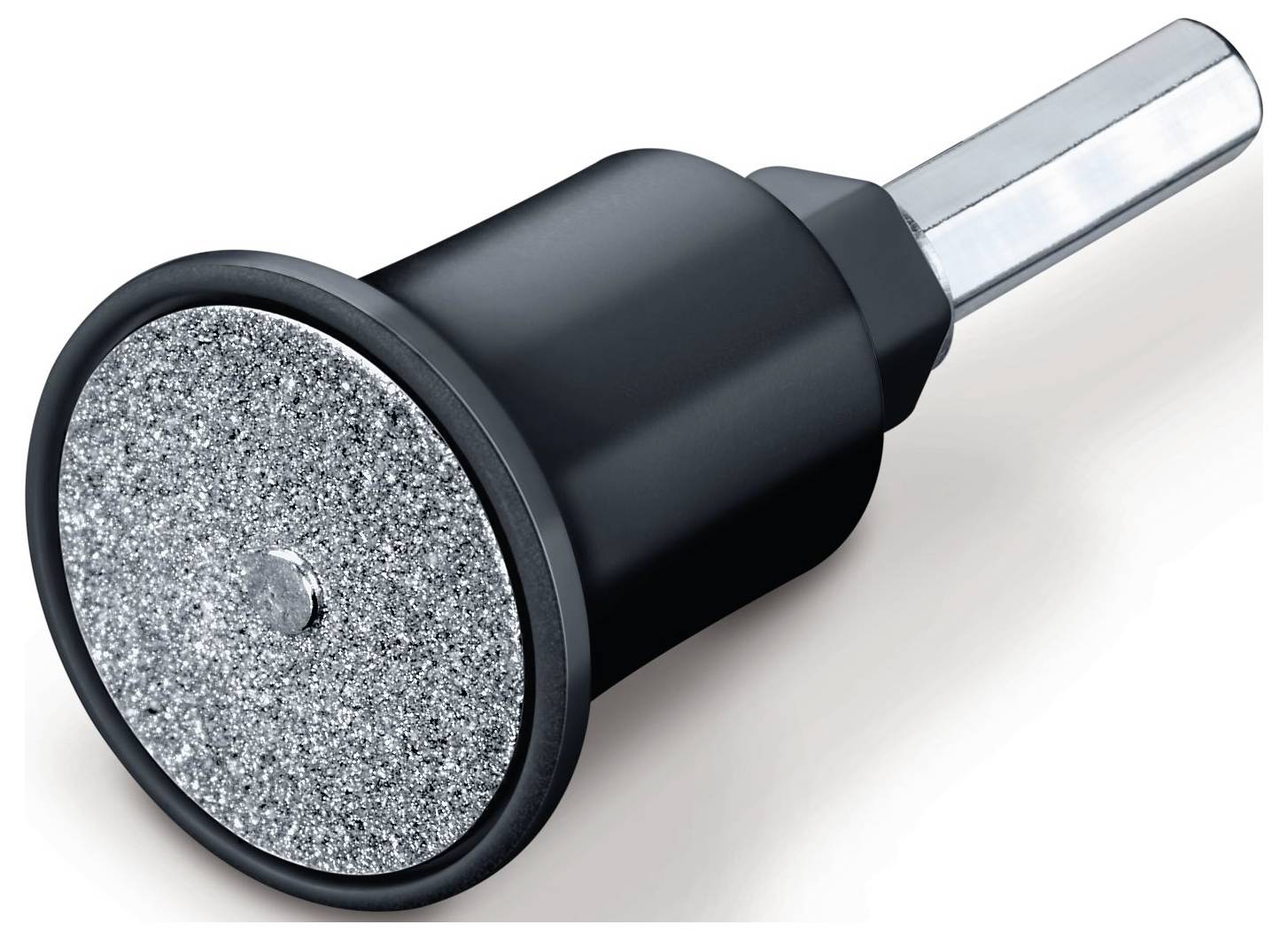 Ezüstös csiszolófej kerek, durva felülettel egy fekete műanyag fogónyélen. Fémmegmunkálásra használják.