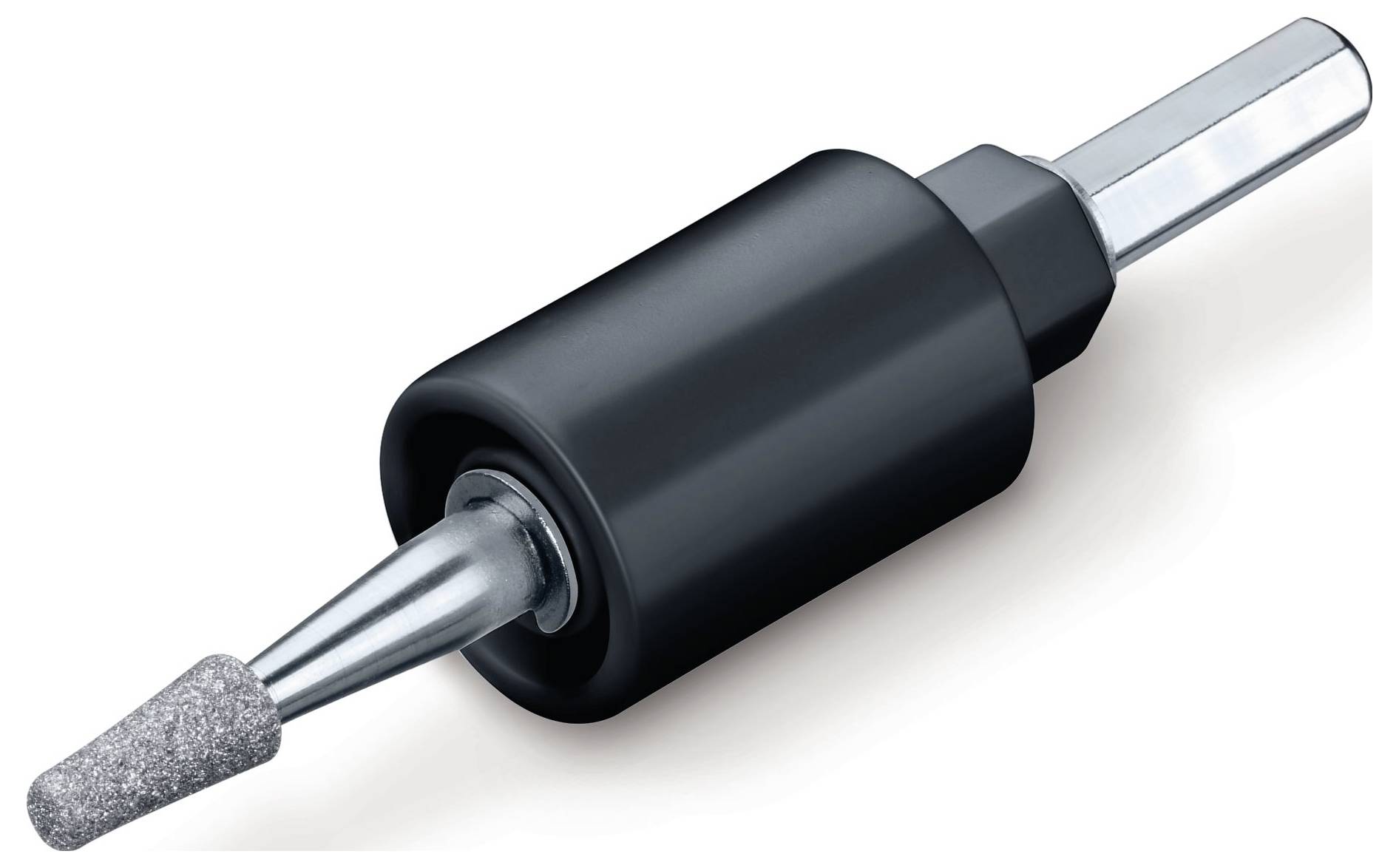 Egy fekete fogóval és ezüst, forgó tengellyel rendelkező kúpos csiszolófej, amely precíziós csiszolásra és polírozásra alkalmas.