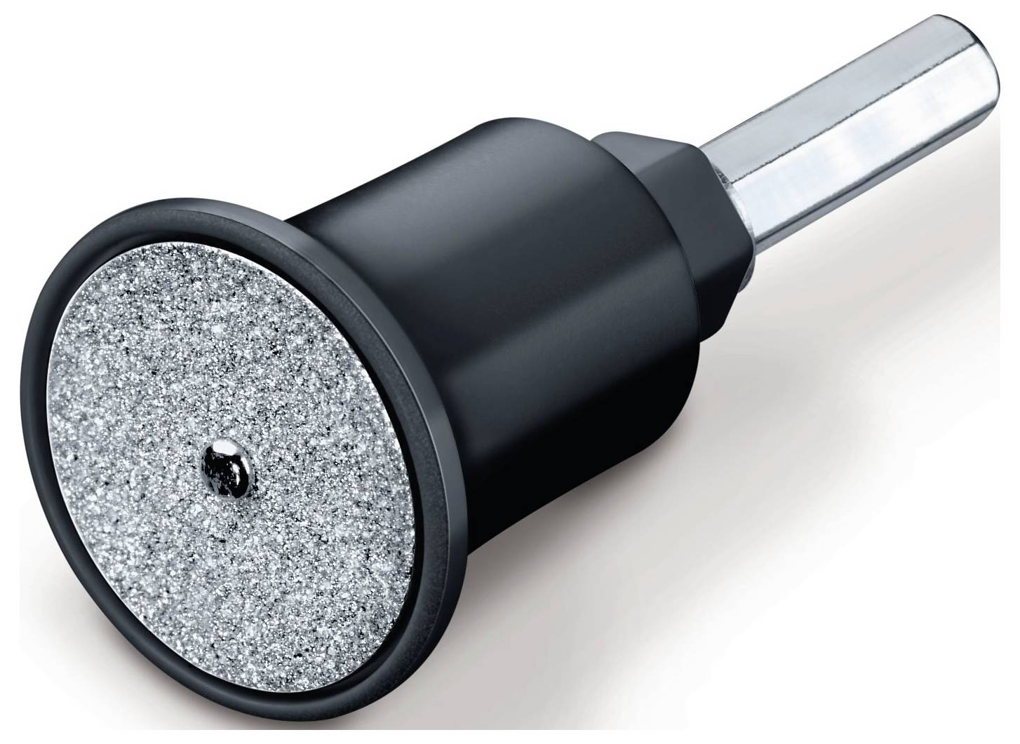 Fúrófej egy csiszolókoronggal, amelynek durva, szürke felülete van, alkalmas anyagok csiszolására vagy polírozására.