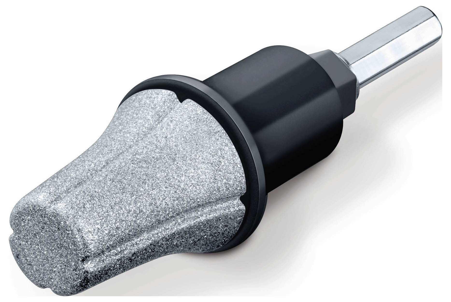 Egy szürke csiszolófej fekete műanyag résszel és fémhatszög csatlakozással, kézi fúrógépekhez alkalmas.