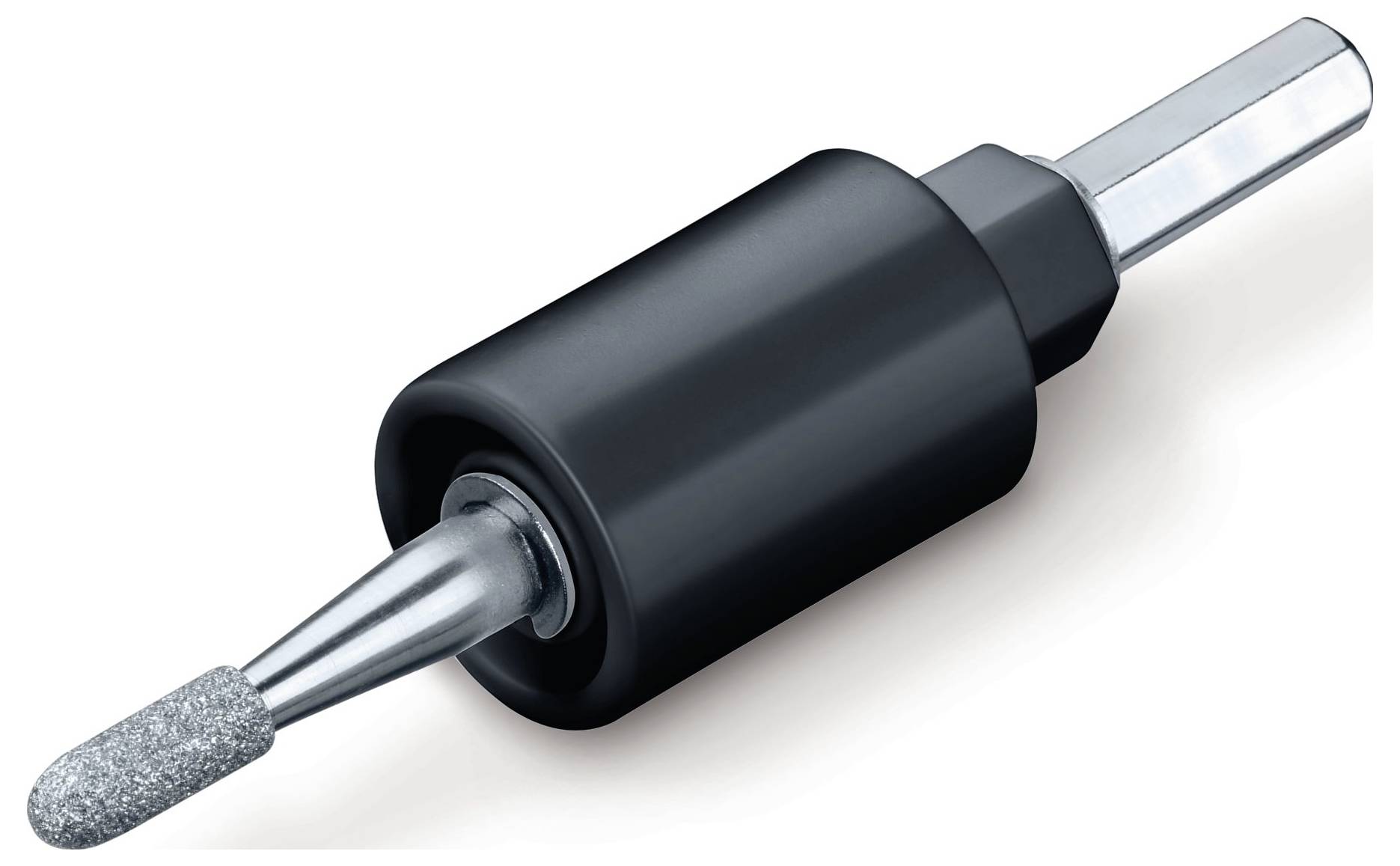 Egy forgó csiszolófej hengeres fekete markolattal és fémből készült csiszolófejes végződéssel, precíziós munkákhoz alkalmas.