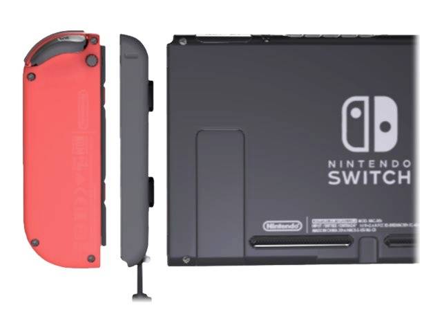 Egy Nintendo Switch konzol piros és fekete részei, beleértve a kontrollert és a készülék hátoldalát, különböző szögekből megmutatva.