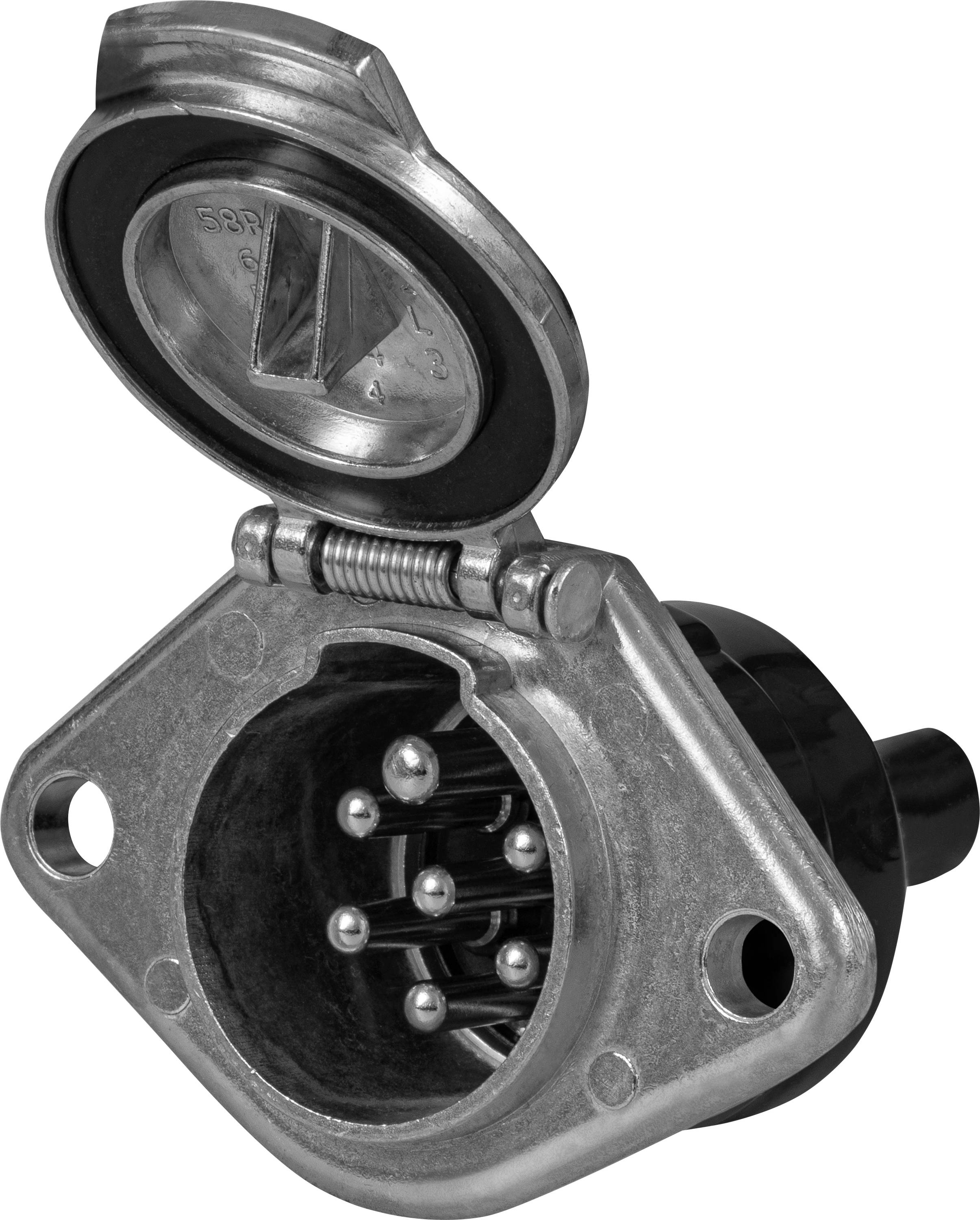 Egy nyitott kerek fémkapcsoló látható, amelynek közepén több érintkező van, és elektromos csatlakozási komponenseket mutat.