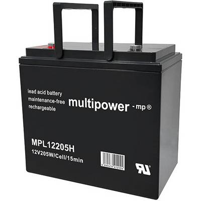 Fekete ólom-sav akkumulátor 'multipower - mp®' felirattal és 'MPL12205H 12V205W/Cell/15min' jelöléssel, karbantartásmentes és újratölthető.