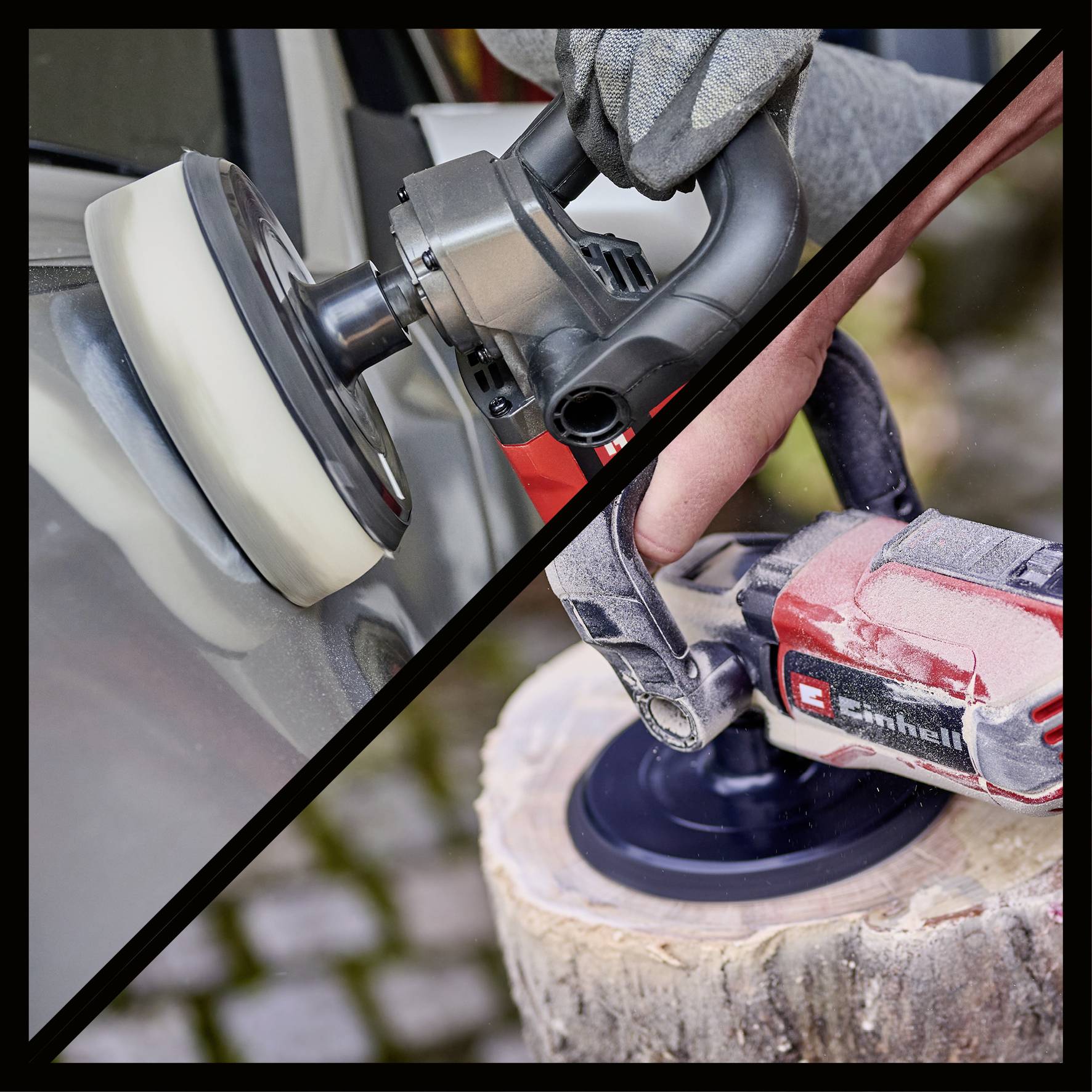 Egy kéz polírozógépet tart, balra egy autóajtót polírozza, jobbra pedig fát csiszol. Kontrasztos előtte-utána összehasonlítás.