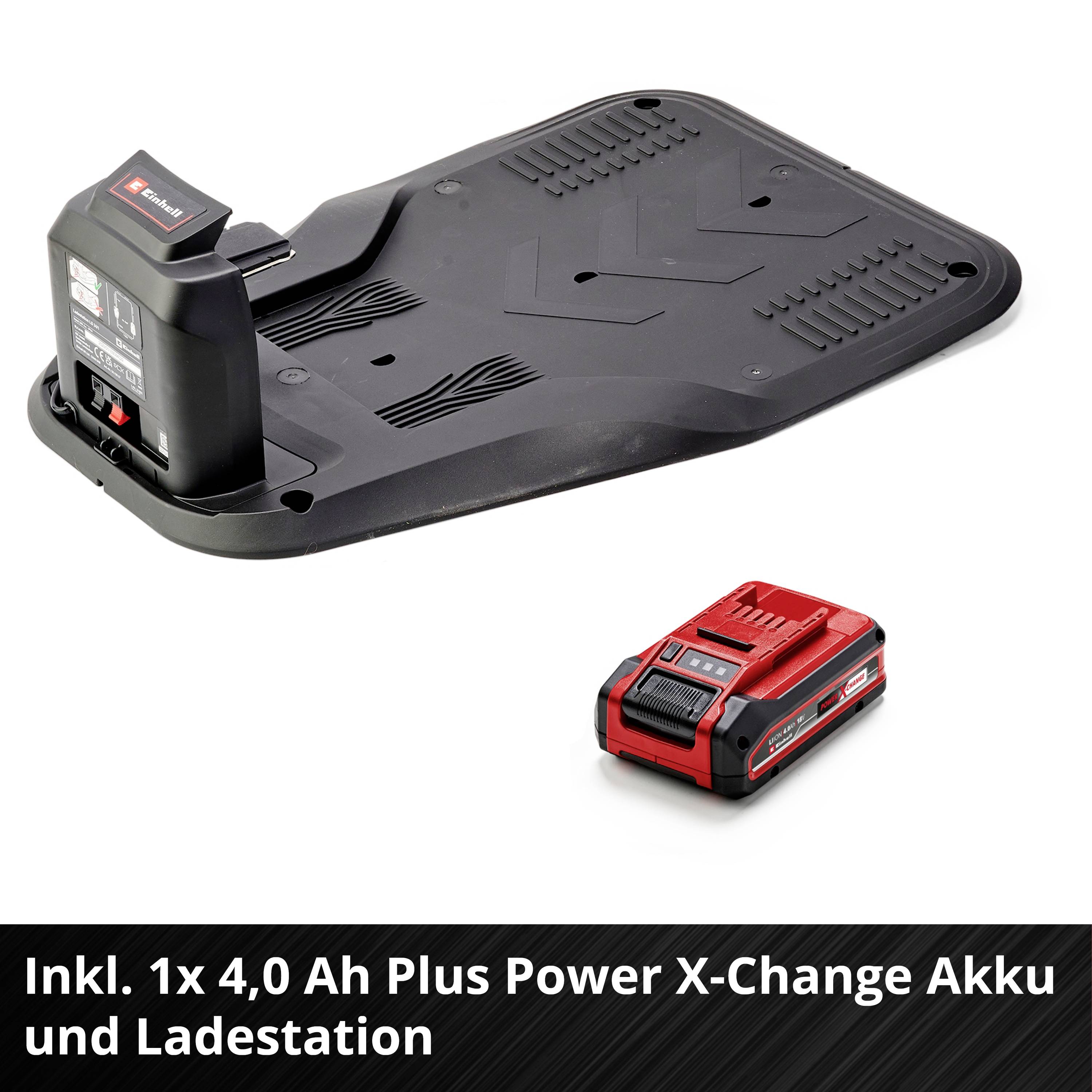 Tartalmaz egy 4,0 Ah Plus Power X-Change akkumulátort és egy töltőállomást. Az egyes alkatrészek fehér háttéren láthatók.