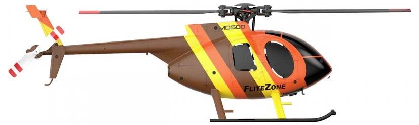 Távirányítós modell helikopter élénk narancssárga és sárga csíkokkal, amelyen a „FliteZone" felirat található.