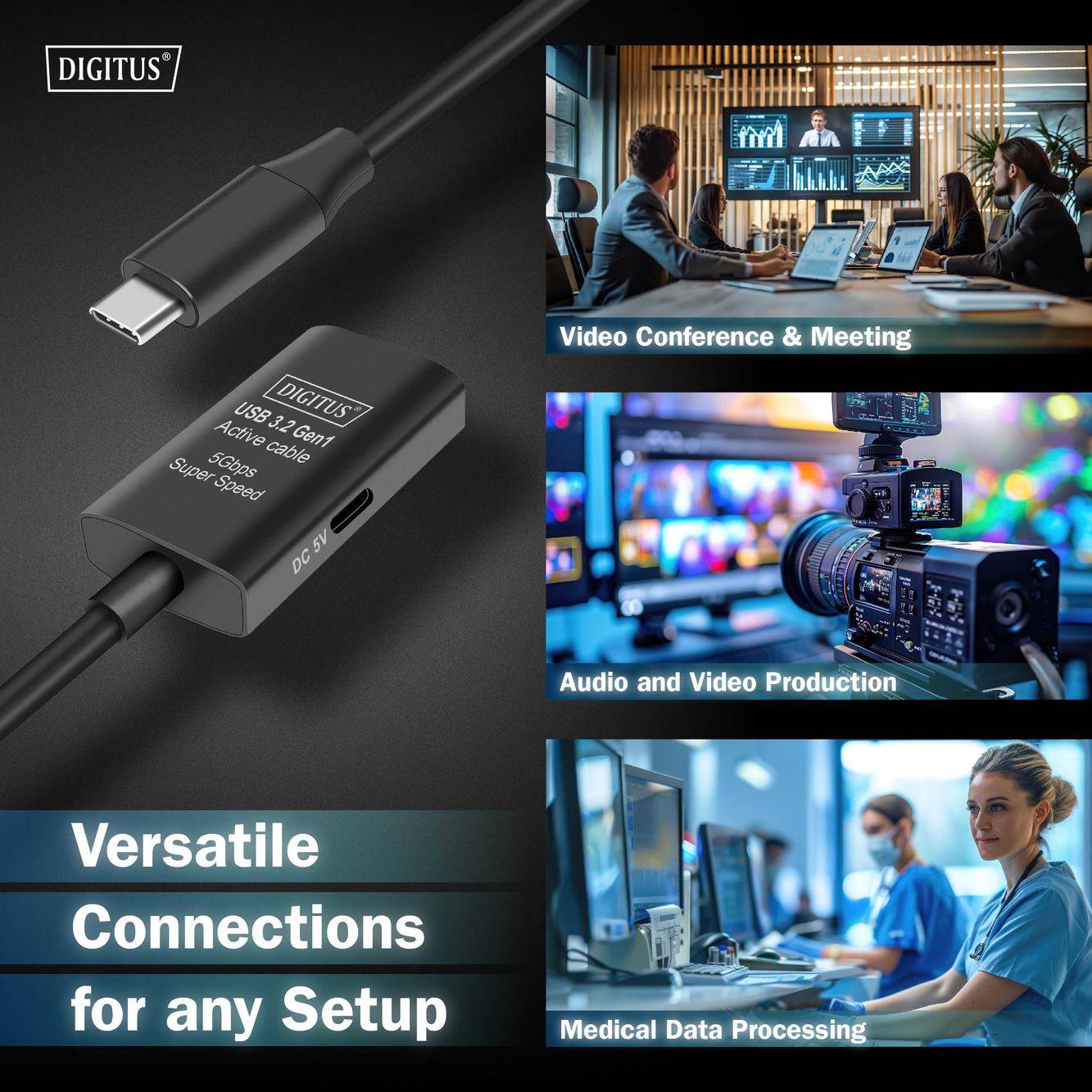 Digitus USB C kábel USB 3.2 Gen1, USB 3.2 Gen1, USB 3.0 USB-C®, USB-C® alj, USB-C® dugó 5.00 m Fekete aktív, jelerősítés-6