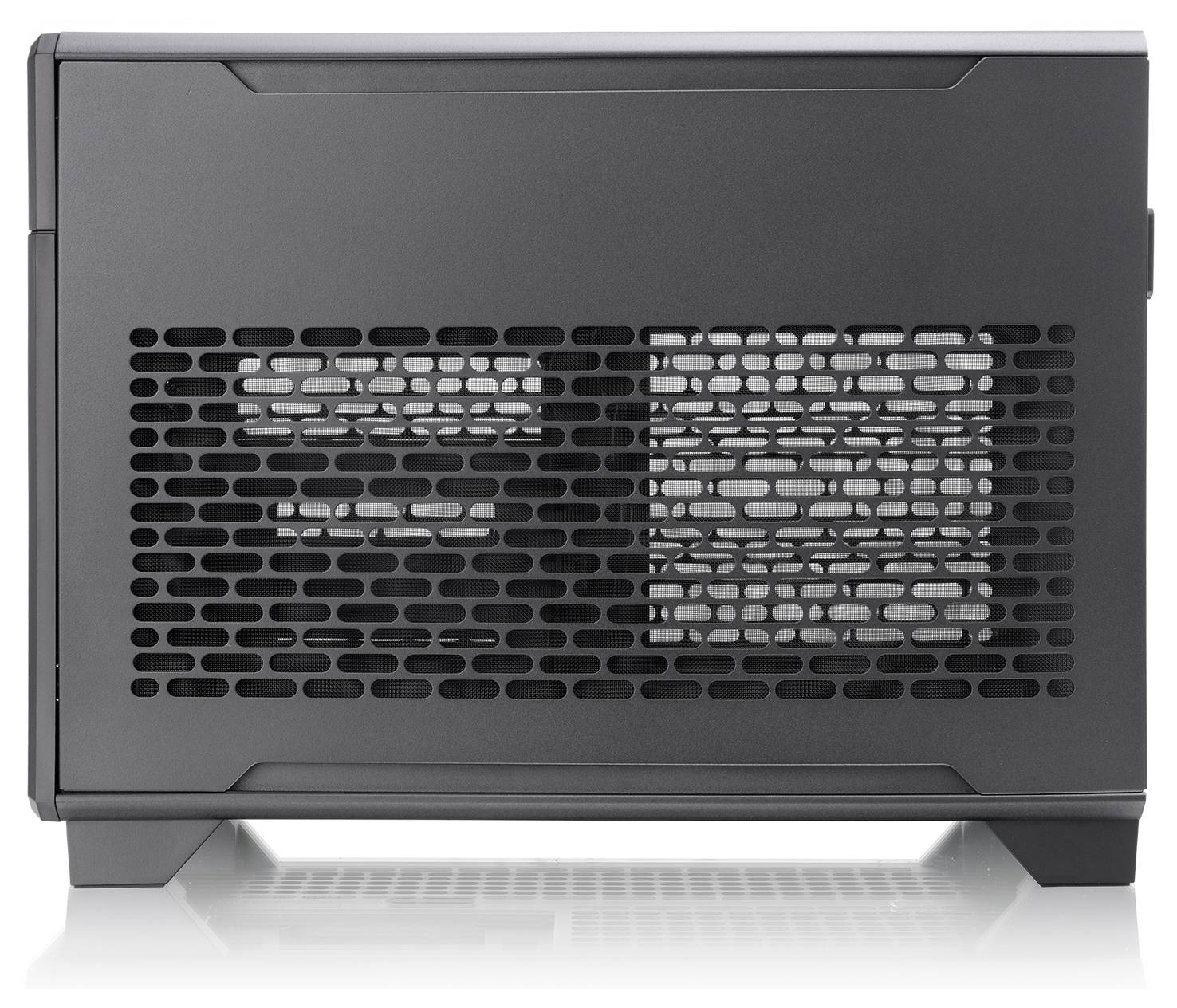 Fekete, téglalapformájú számítógépház oldalsó szellőzőráccsal, alkalmas Mini-ITX alaplapok befogadására.