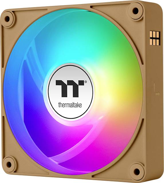 Egy négyzet alakú ventilátor RGB-színes világítással, középen a 'Thermaltake' logóval. A keret barna.