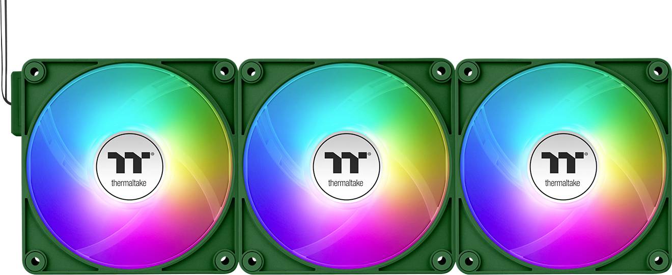 'Három Thermaltake-ventilátor RGB-világítással zöld házban, vízszintes sorban elrendezve.'